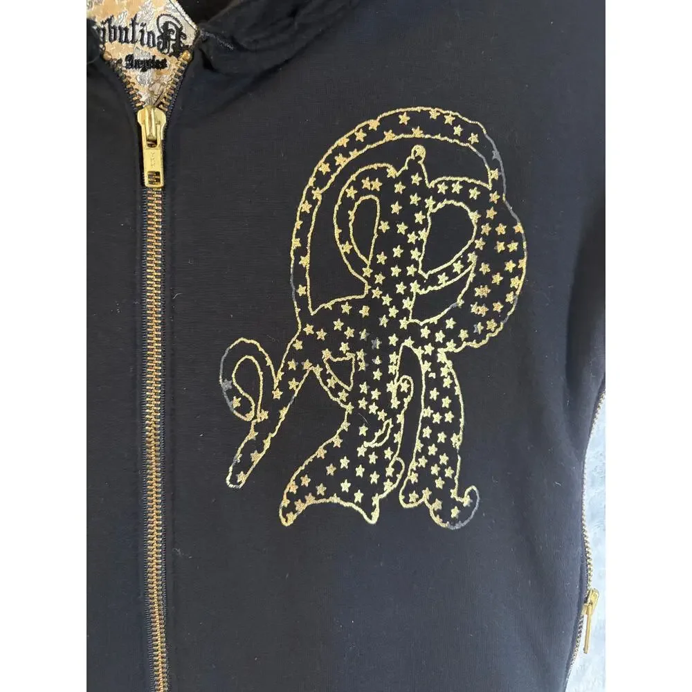 Vintage Y2K Men's Retribution Sleeveless‎ Full Zip Hoodie M Gold Rocker Glam